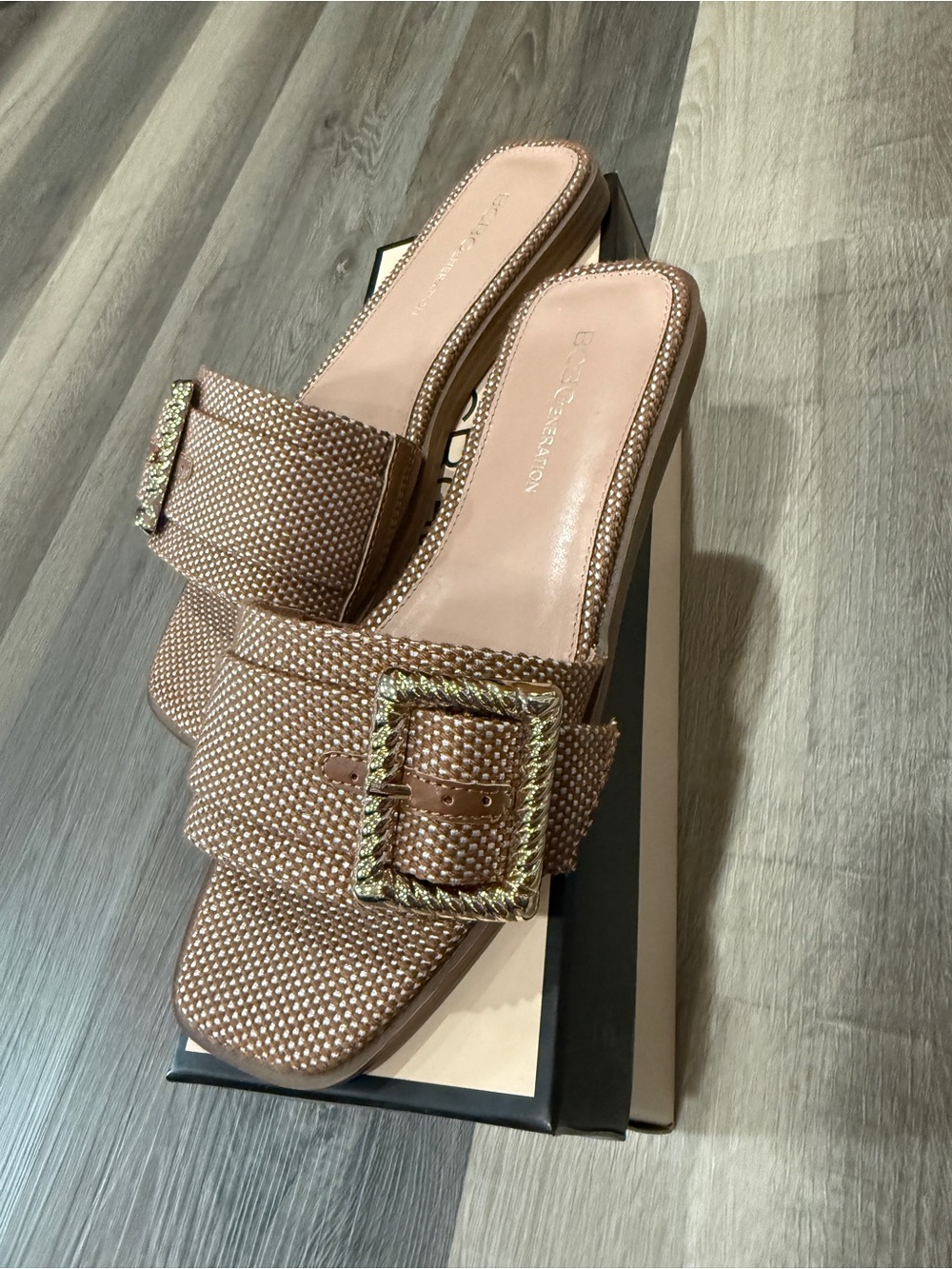BCBGeneration Rose Gold Braided Buckle Slide Mules